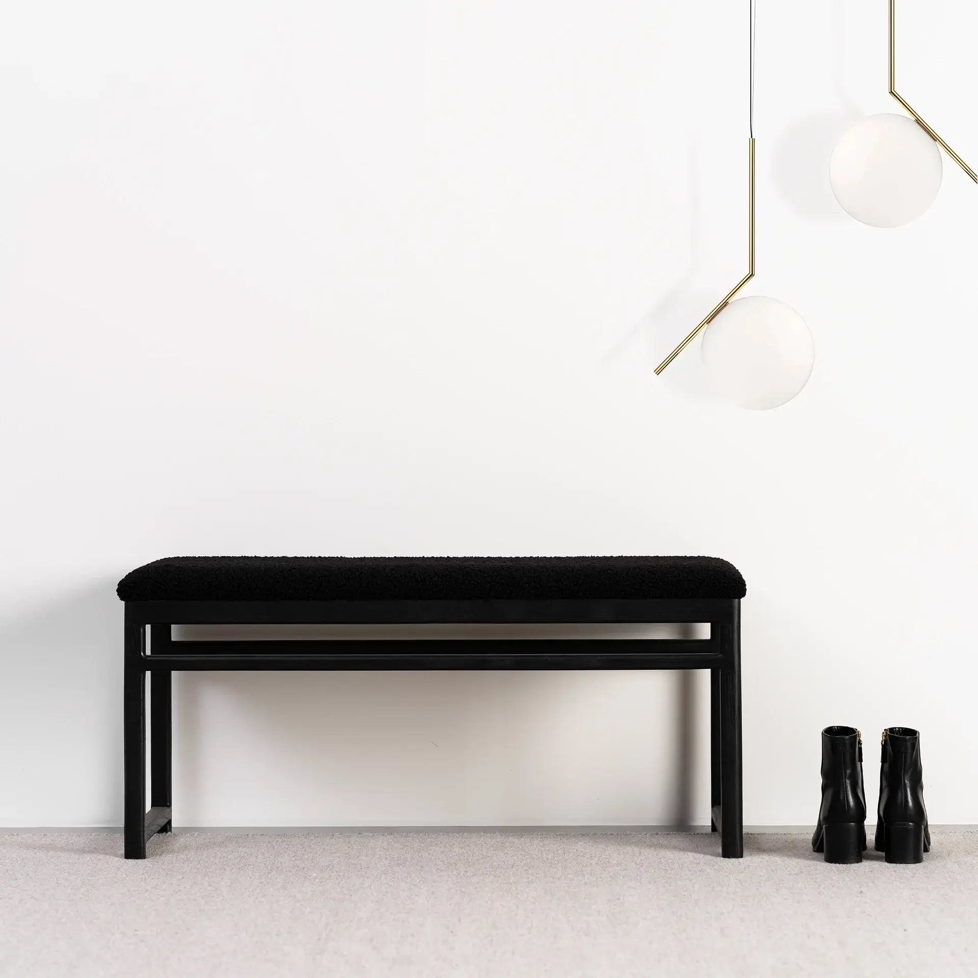 Oak Bench Alva – Black Oak Frame – Black Bouclé Cushion - Image 2