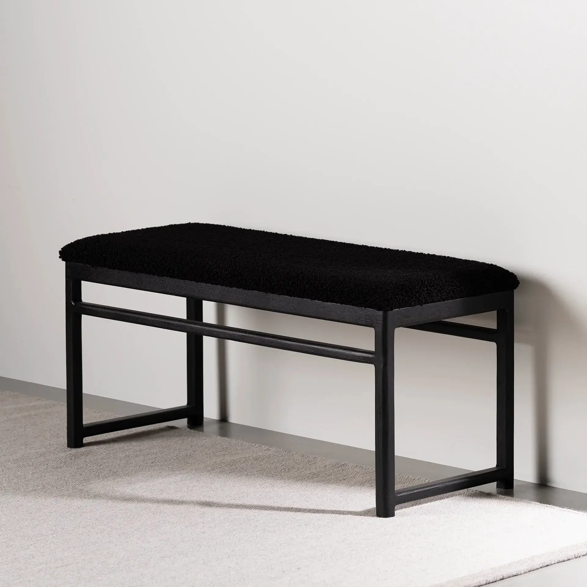 Oak Bench Alva – Black Oak Frame – Black Bouclé Cushion - Image 4