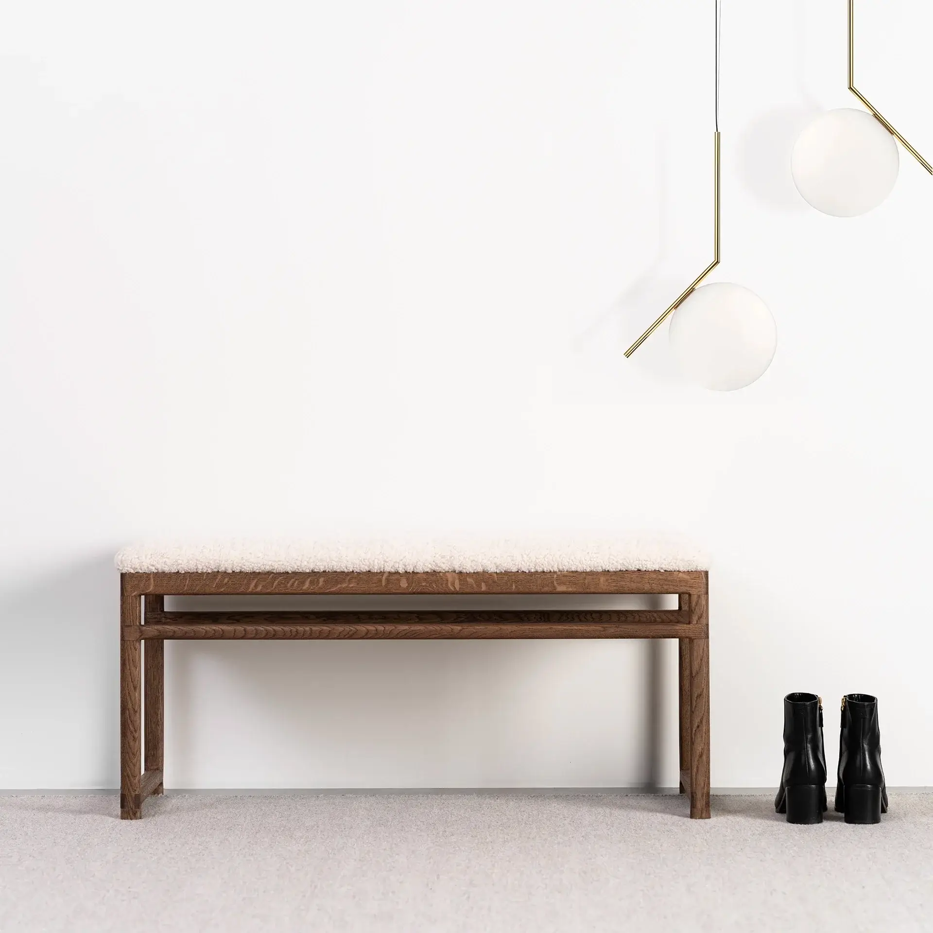 Oak Bench Alva – Dark Oak Frame – Ivory Bouclé Cushion - Image 5