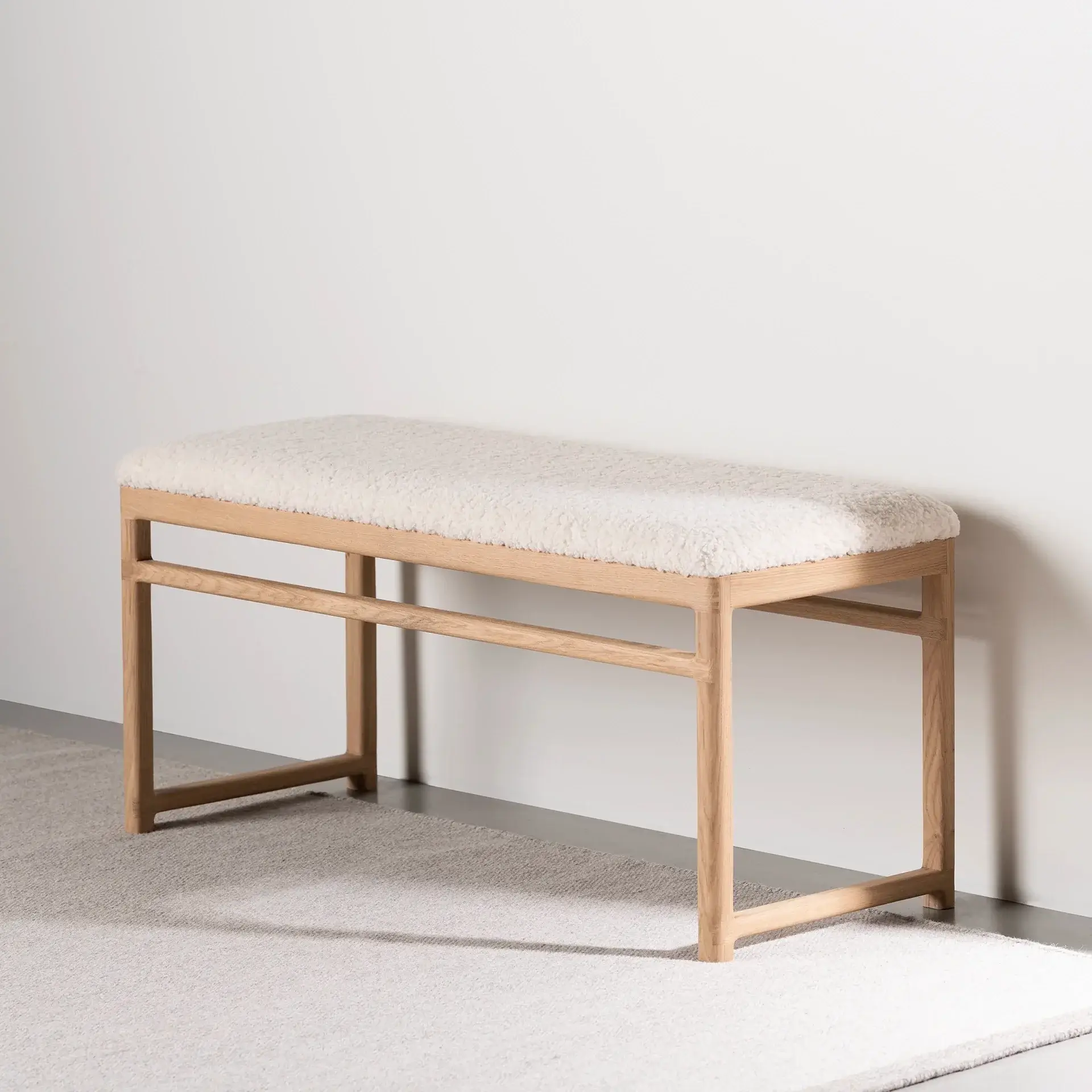 Oak Bench Alva – Oak Frame – Ivory Bouclé Cushion - Image 6