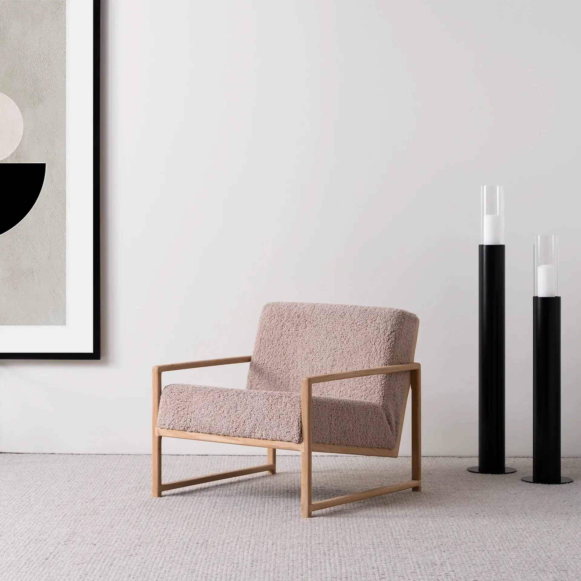 Armchair Einar – Oak Frame – Greige Bouclé Cushion - Image 2
