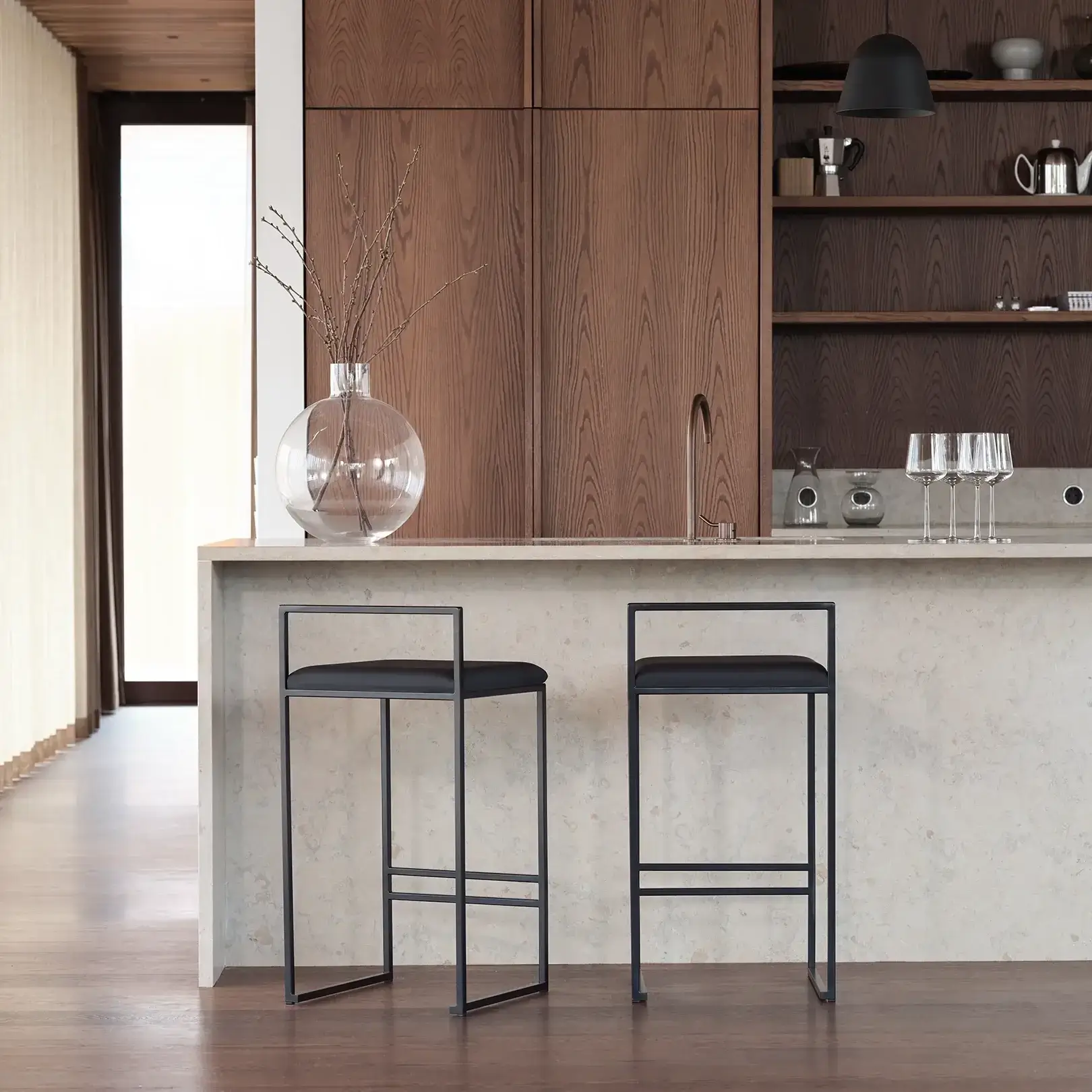 Bar Stool Freja – Black Frame – Jade Black Leather Cushion - Image 3