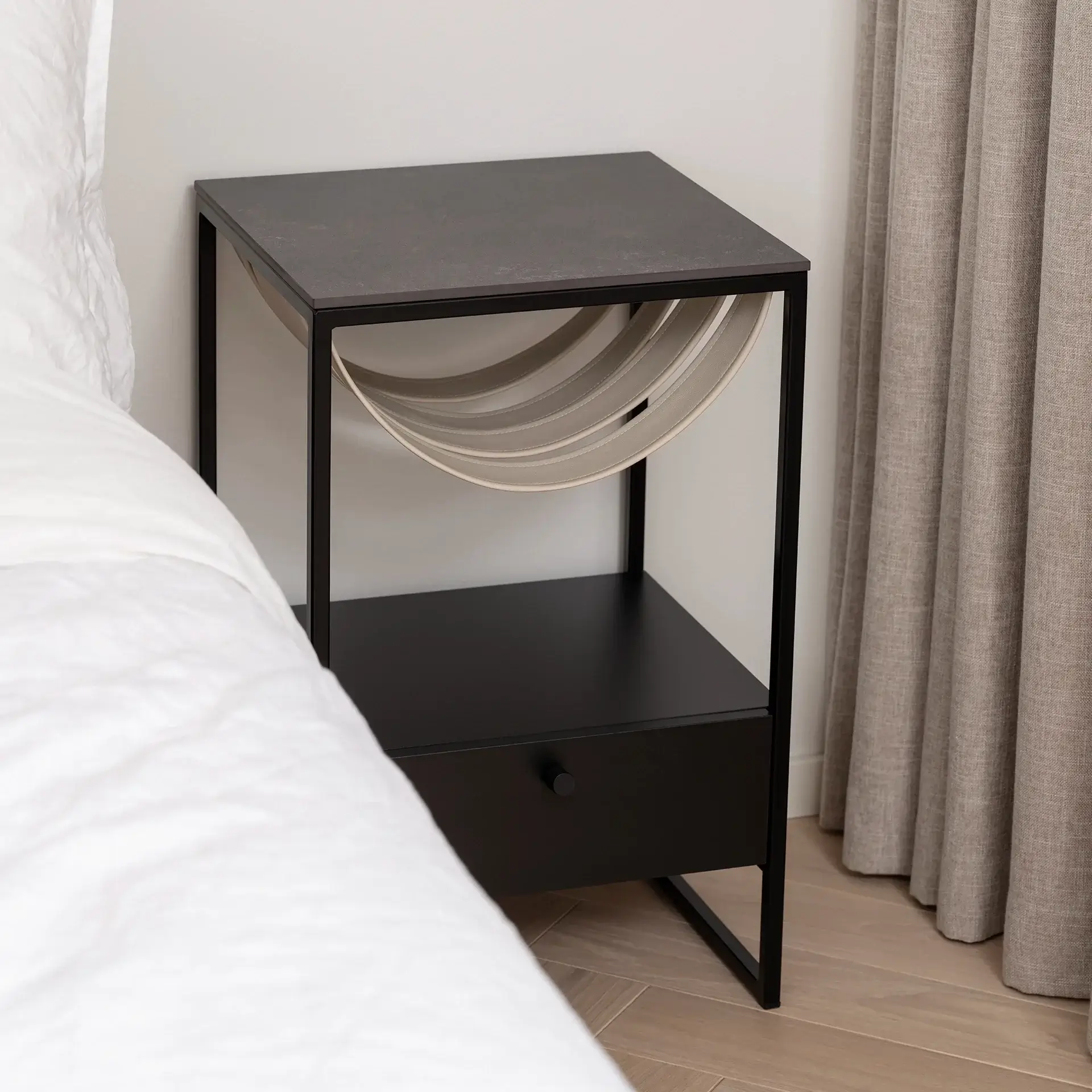 Bedside table Iris  - Black - Latte Leather Straps - Kelya Dekton Top - Image 3