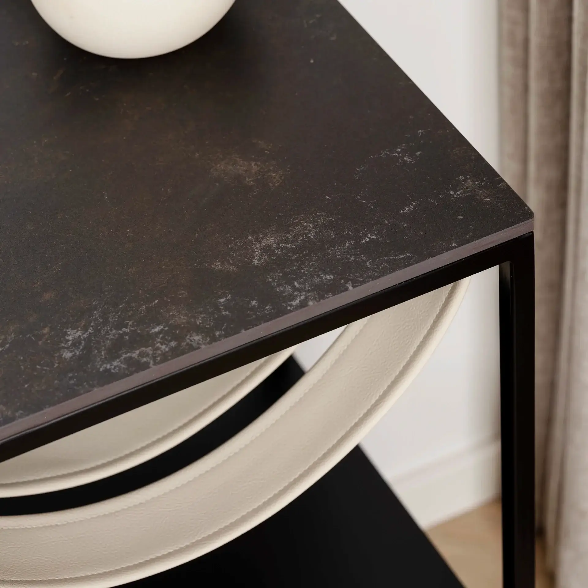 Bedside table Iris  - Black - Latte Leather Straps - Kelya Dekton Top - Image 4